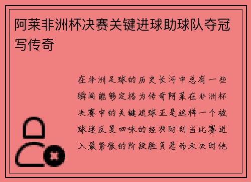 阿莱非洲杯决赛关键进球助球队夺冠写传奇