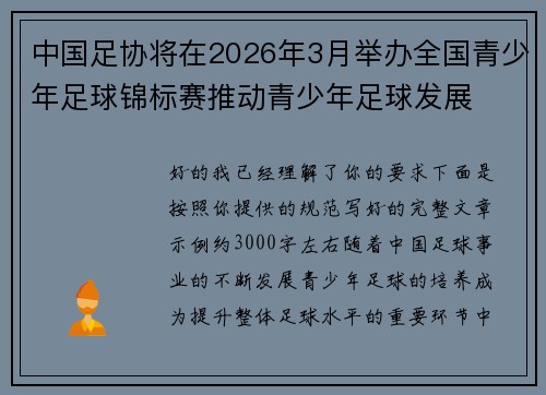 中国足协将在2026年3月举办全国青少年足球锦标赛推动青少年足球发展
