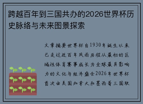 跨越百年到三国共办的2026世界杯历史脉络与未来图景探索 跨越百年到三国共办的2026世界杯历史脉络与未来图景探索