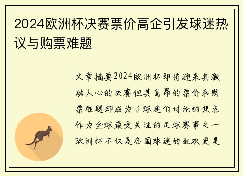 2024欧洲杯决赛票价高企引发球迷热议与购票难题